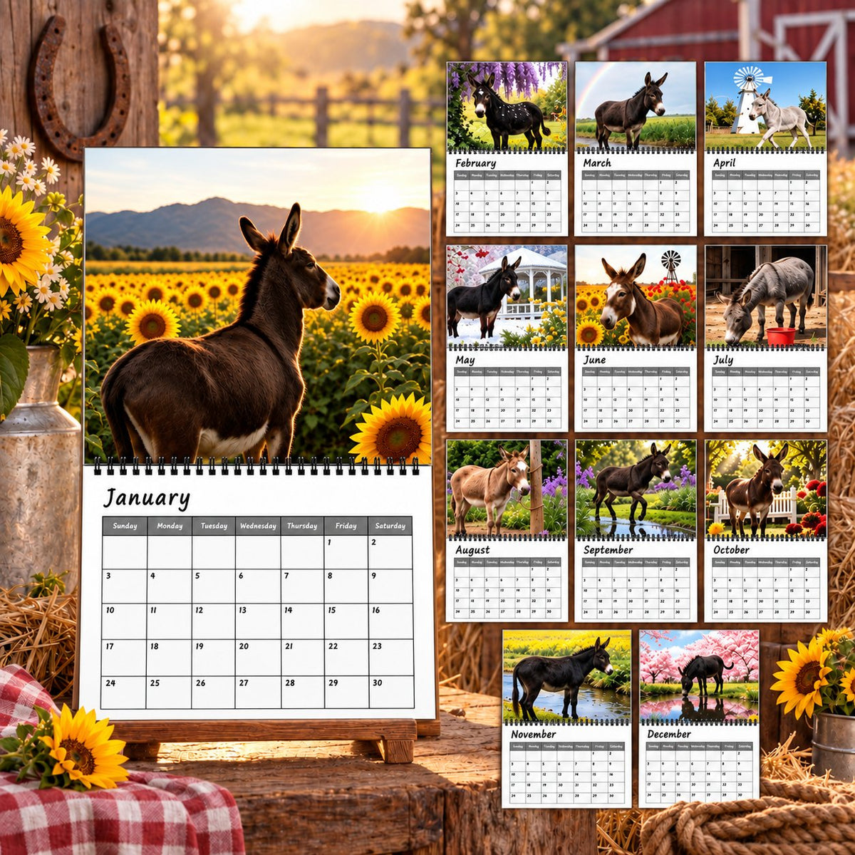 🫏2027 Donkey Wall Calendar – 12 Months of Gentle Donkey Portraits & Peaceful Countryside Moments