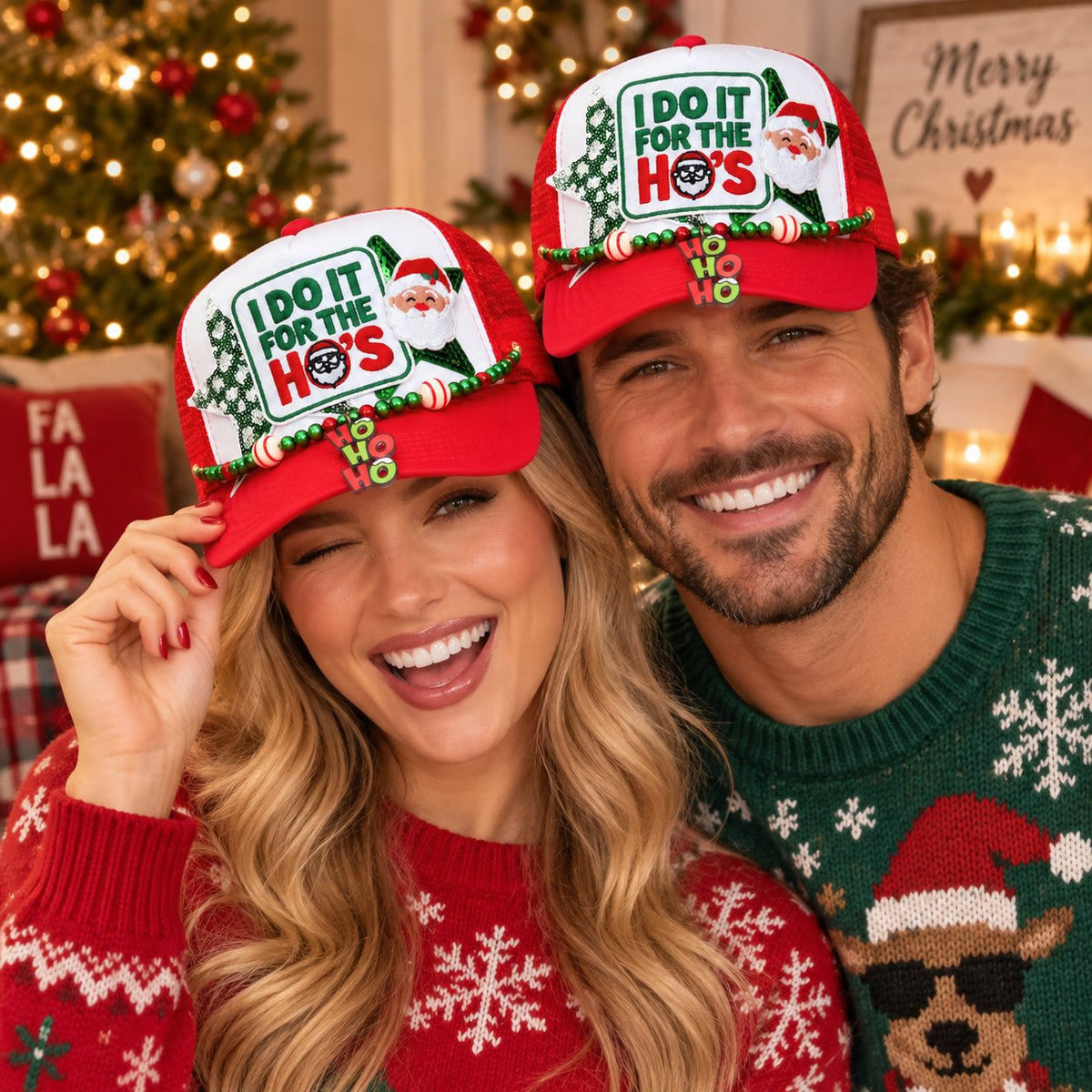 I Do It for the Ho’s Christmas Trucker Hat with Embroidered Patches & HO HO HO Hat Chain