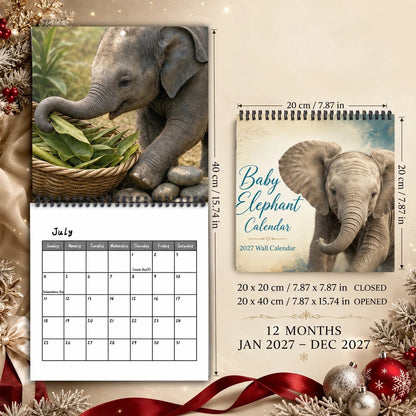 Baby Elephant 2027 Wall Calendar – Cute Baby Elephant Art Calendar, Gift for Wildlife Animal Lovers
