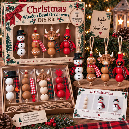 🎄 Christmas Wooden Bead Ornament DIY Kit – Set of 4