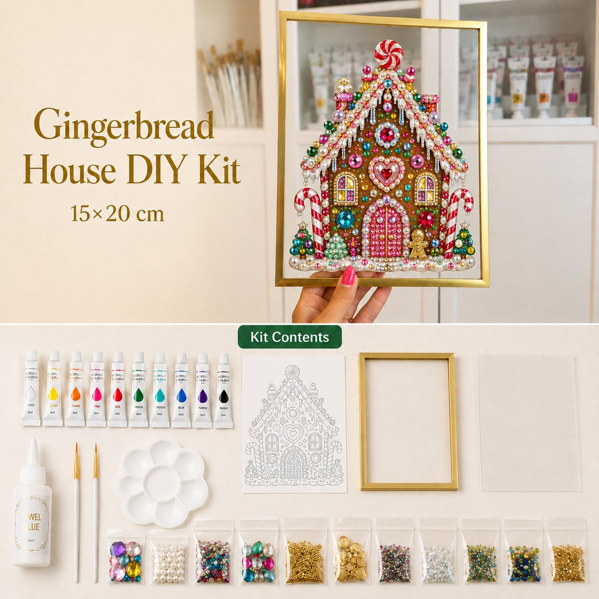 🔥 LAST DAY 49% OFF – 🎄 DIY Jeweled Christmas Tree Art Kit | Colorful Gems, Pearls, Paints & Gold-Tone Floating Display Frame 💎✨