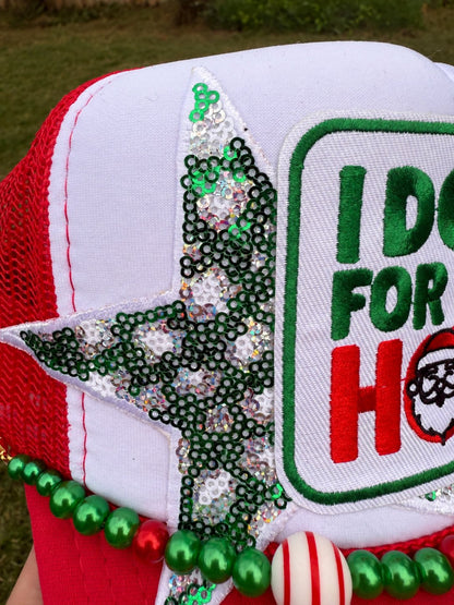 I Do It for the Ho’s Christmas Trucker Hat with Embroidered Patches & HO HO HO Hat Chain