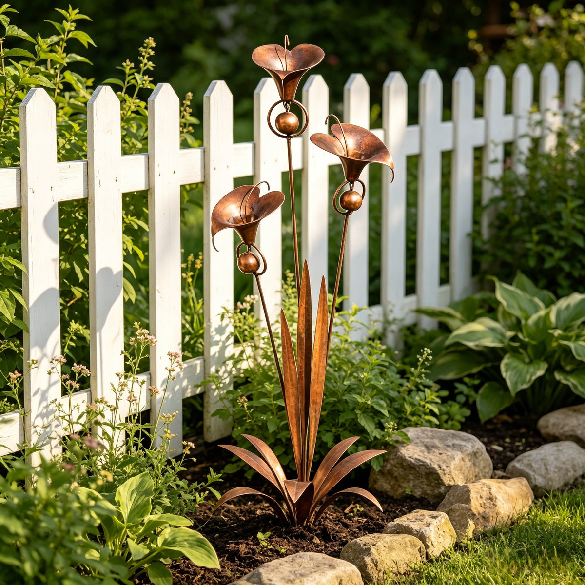 Flamed Copper Three Calla Lilies Garden Stake with Bells, 24" Handcrafted Outdoor Yard Art