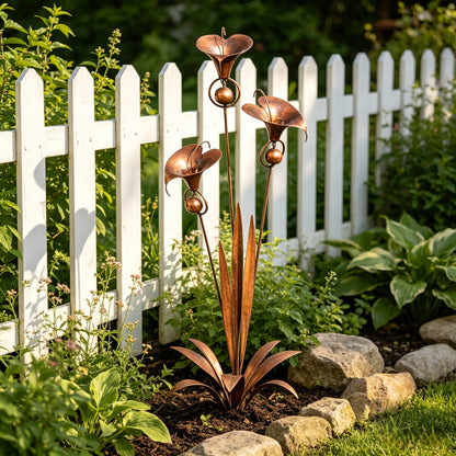 Flamed Copper Three Calla Lilies Garden Stake with Bells, 24" Handcrafted Outdoor Yard Art