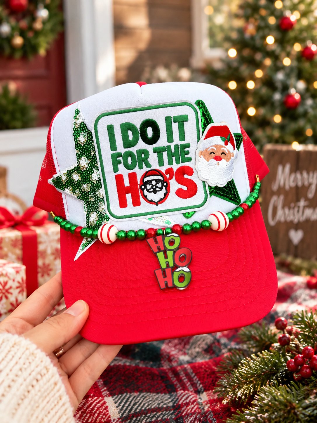 I Do It for the Ho’s Christmas Trucker Hat with Embroidered Patches & HO HO HO Hat Chain