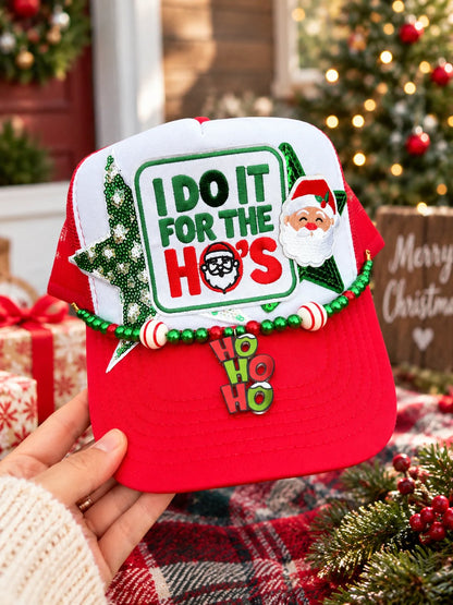 I Do It for the Ho’s Christmas Trucker Hat with Embroidered Patches & HO HO HO Hat Chain