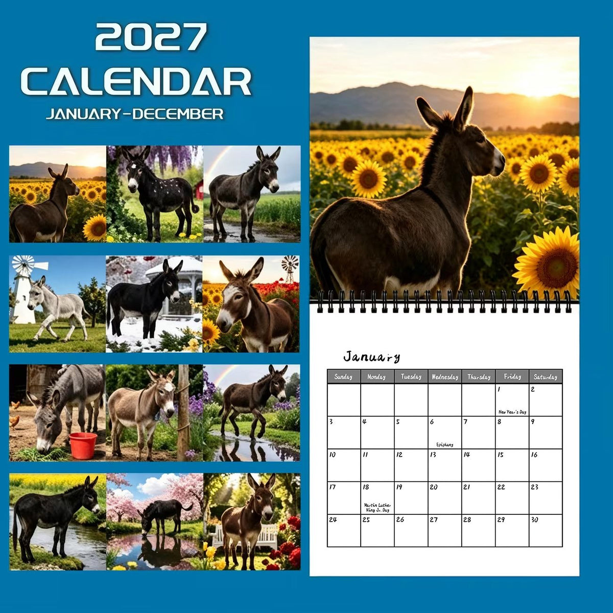 🫏2027 Donkey Wall Calendar – 12 Months of Gentle Donkey Portraits & Peaceful Countryside Moments