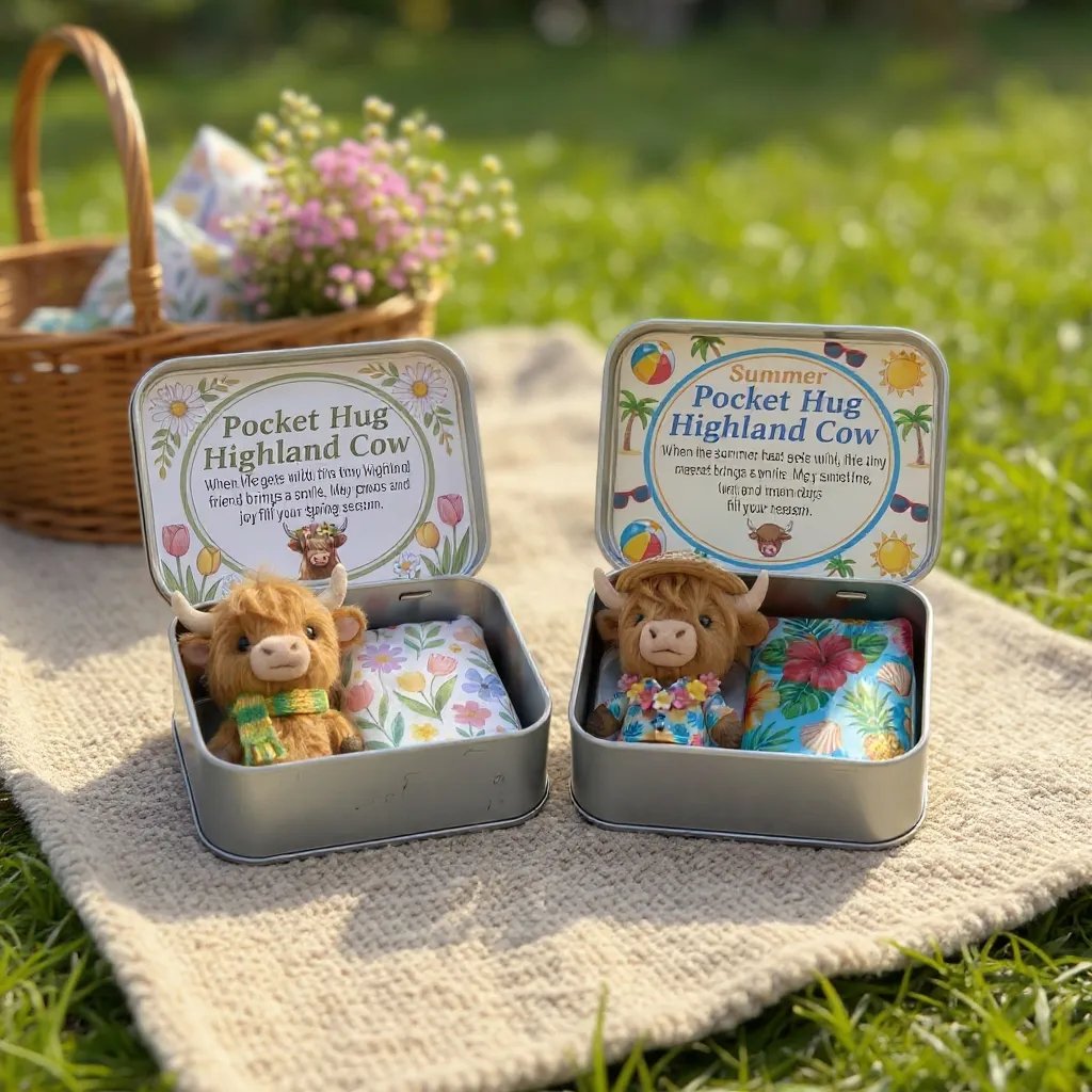 🌾🐮Handmade Wool Felt Highland Cow Pocket Hug – Mini Plush Gift Set for Anxiety Relief💛 Cute Desk Decor & Stocking Stuffer
