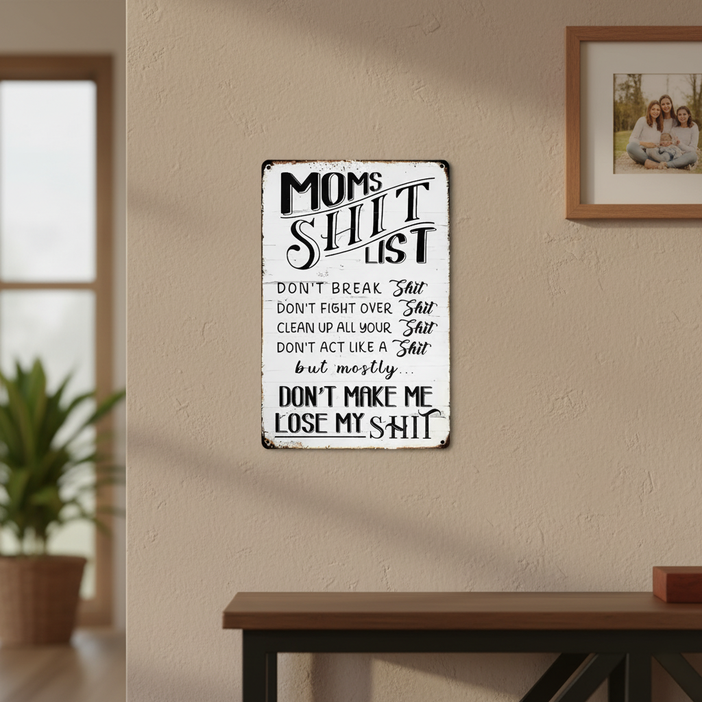 Funny Mom’s Shit List Kitchen Sign – Vintage Metal Wall Decor Gift