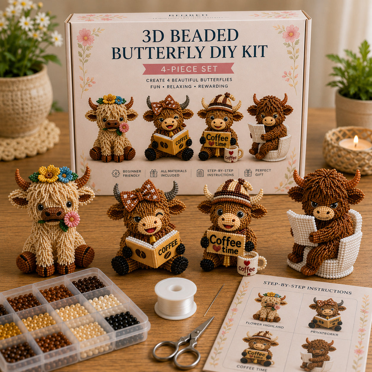 3D Highland Cow DIY Bead Kit – 4 Adorable Handmade Cow Designs Craft Set