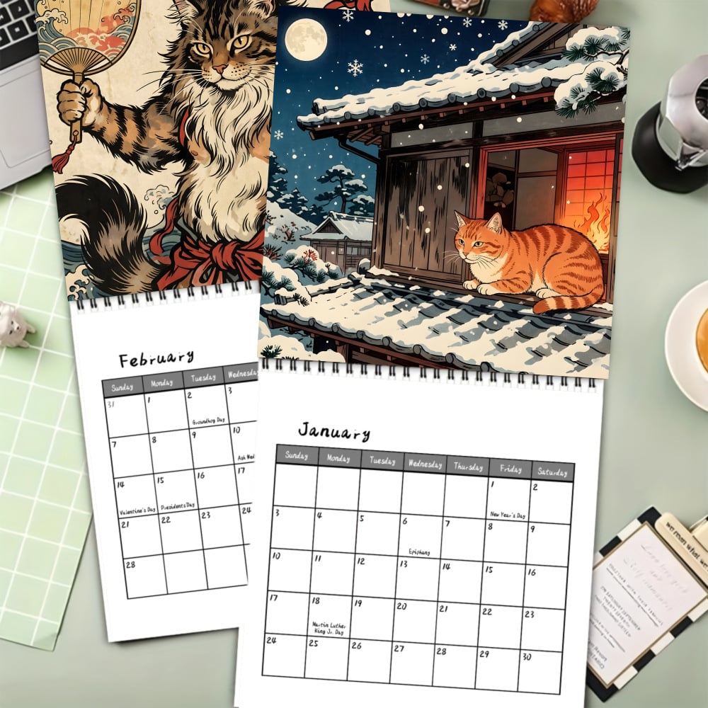 🐱 2027 Cat Wall Calendar, Cute Cherry Blossom Decor