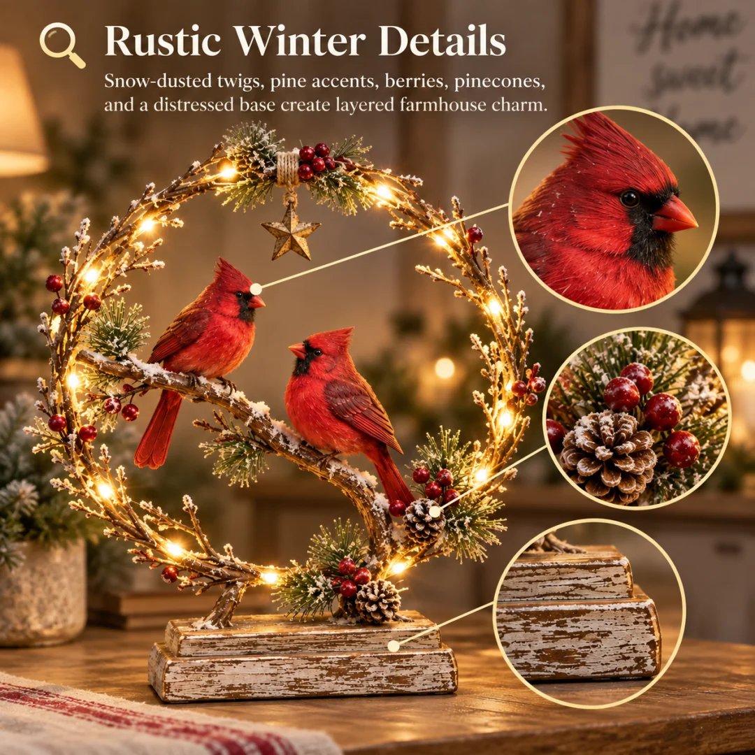 Lighted Cardinal Tabletop Decor, Rustic Red Cardinal Pair with Warm LED Lights