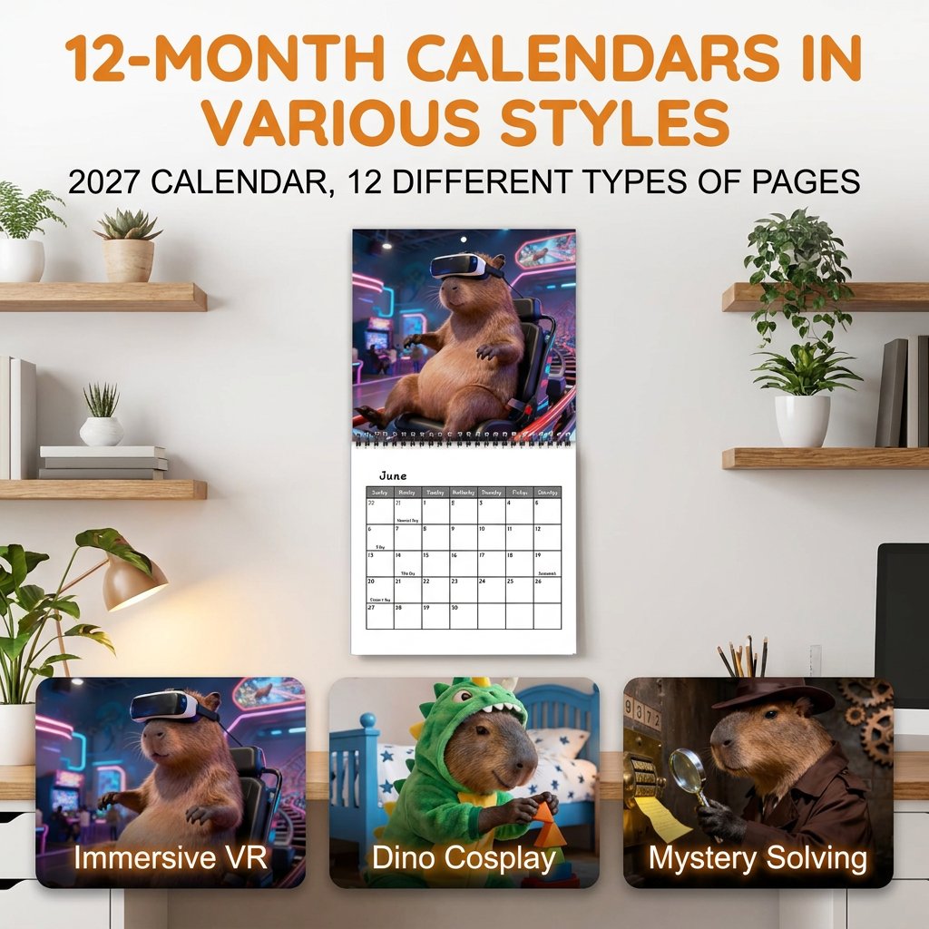 🔥😍📌 2027 Capybara Wall Calendar, Spiral Monthly Planner for Home