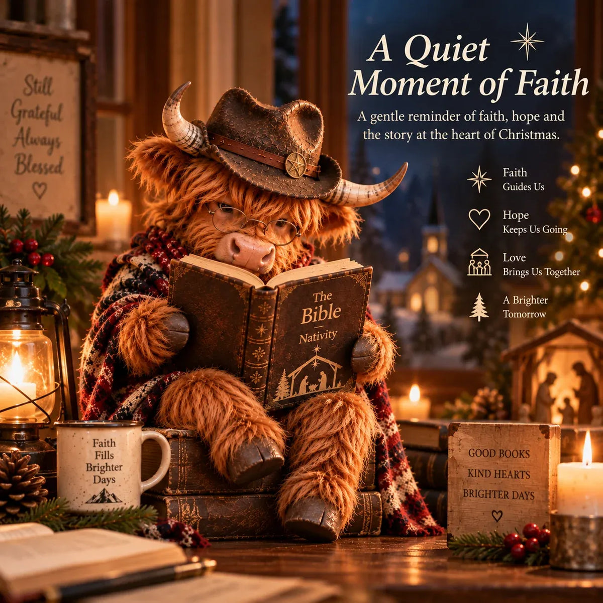 🐮 Highland Cow Bible Nativity Figurine | Bookish Christmas Faith Décor for Shelves, Desks & Meaningful Gifts 🎄