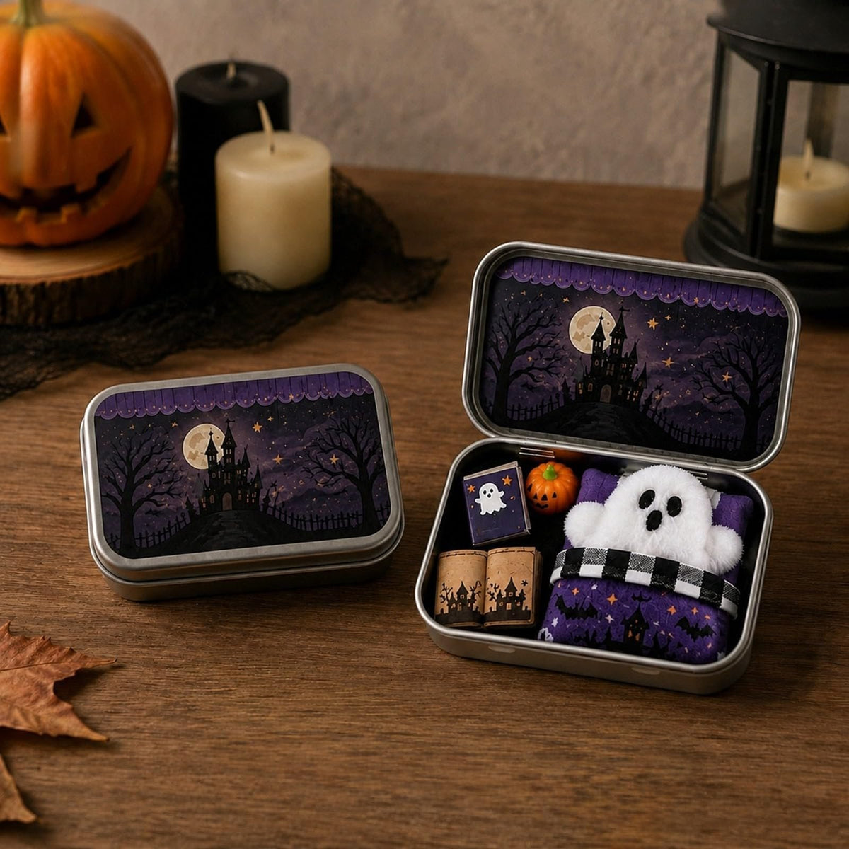 Halloween Mini Ghost Tin Box Set - Cute Spooky Halloween Travel Figurine