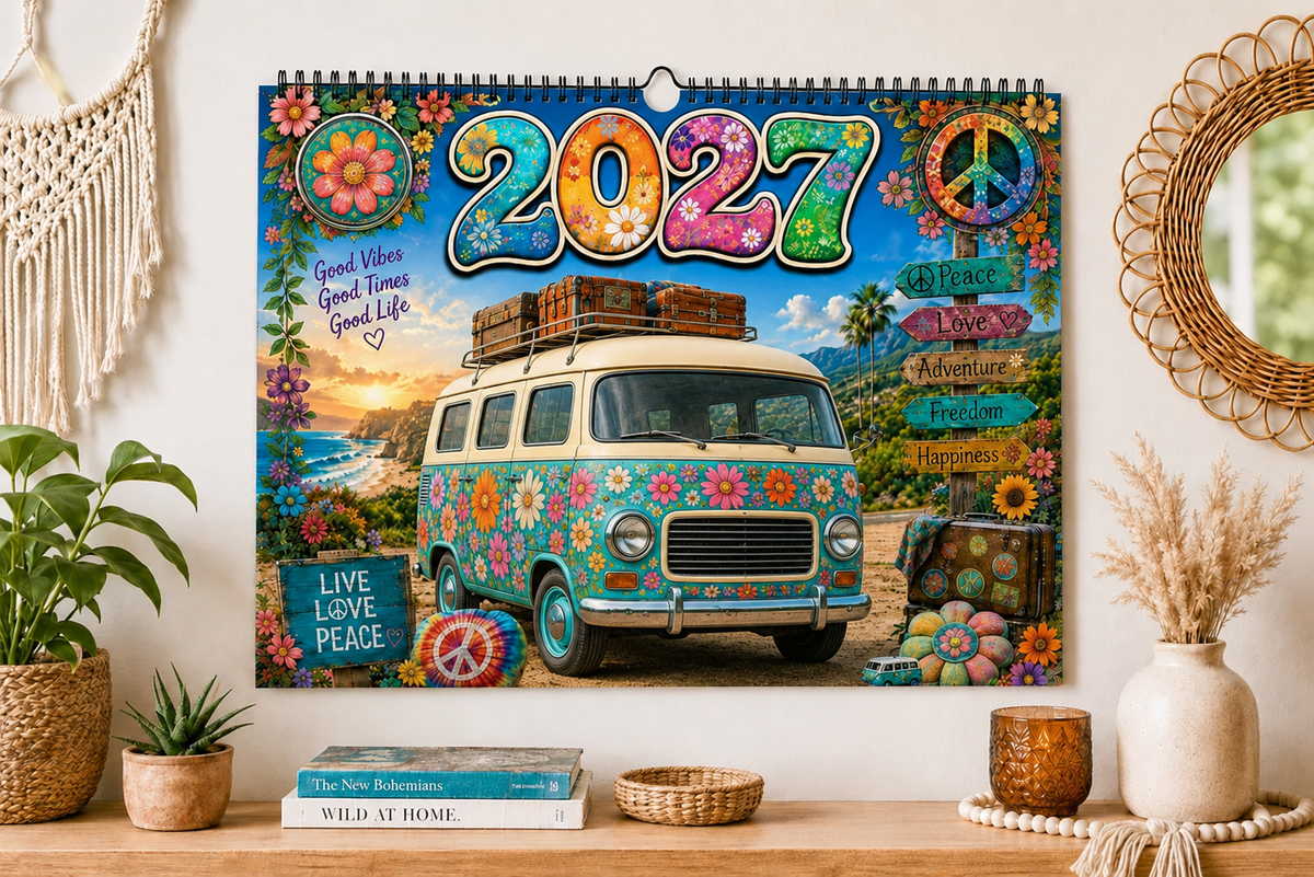 🌼 2027 Hippie Boho Wall Calendar – Retro Road Trip Calendar
