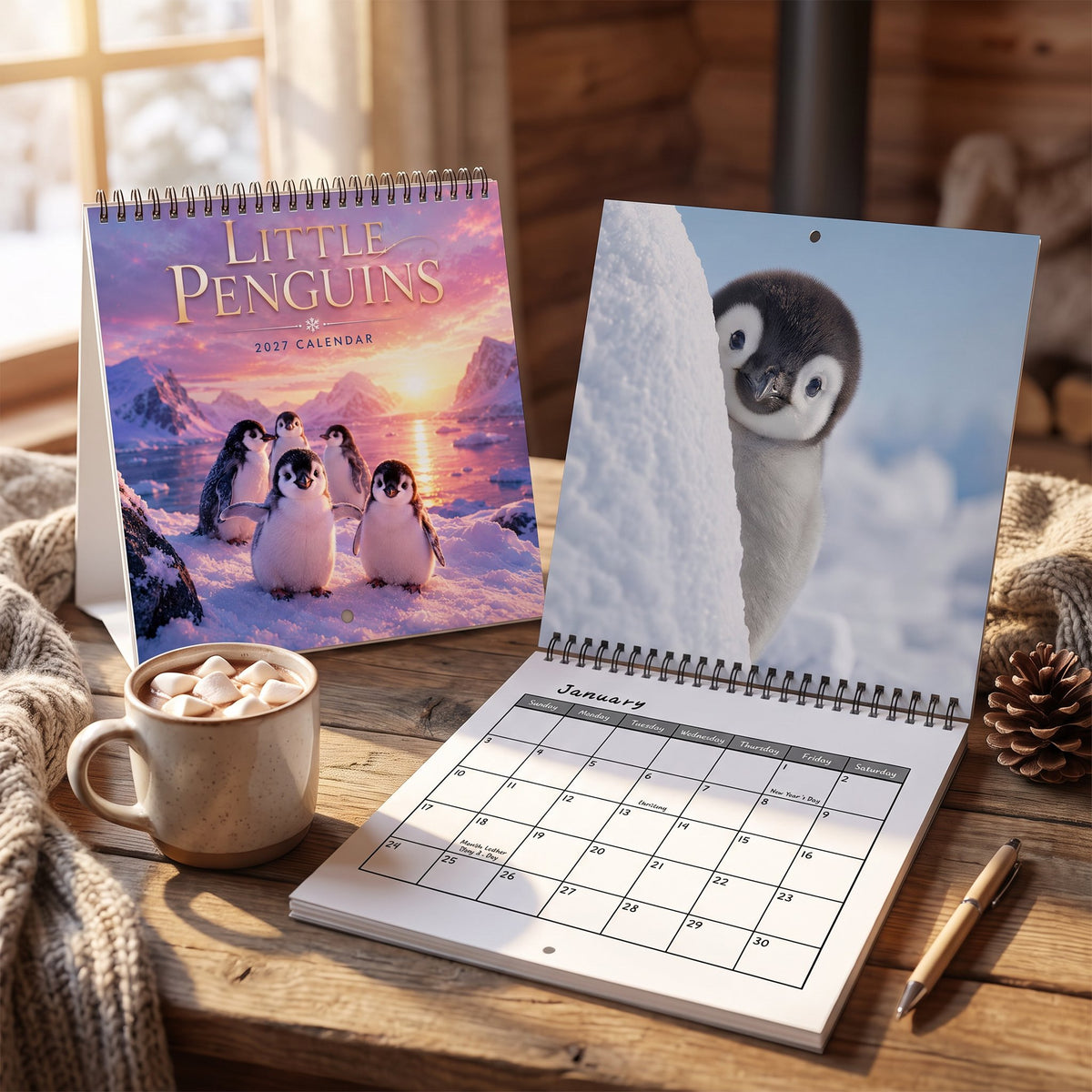 🐧 Penguin Wall Calendar 2027, Cute Monthly Planner With Notes At Home