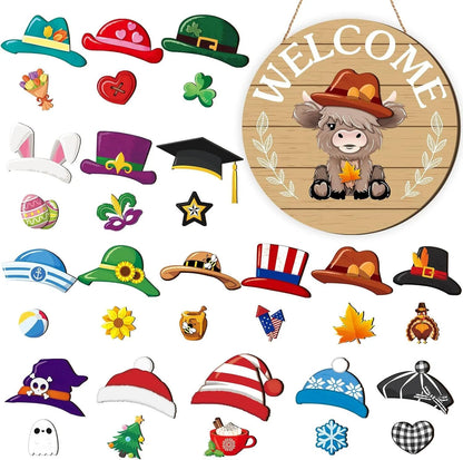 🐮 35-Piece Interchangeable Highland Cow Welcome Sign – Seasonal Magnetic Door Decor