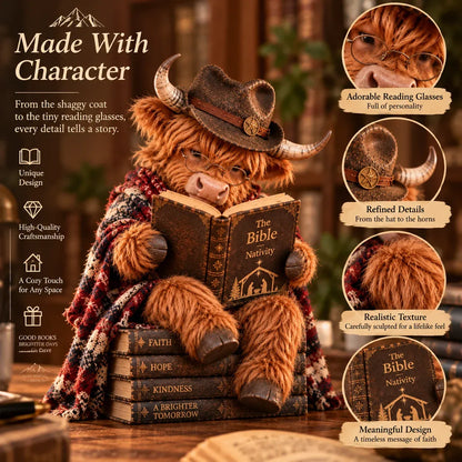 🐮 Highland Cow Bible Nativity Figurine | Bookish Christmas Faith Décor for Shelves, Desks & Meaningful Gifts 🎄