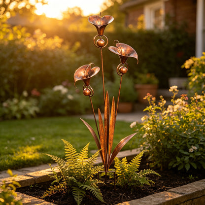 Flamed Copper Three Calla Lilies Garden Stake with Bells, 24" Handcrafted Outdoor Yard Art