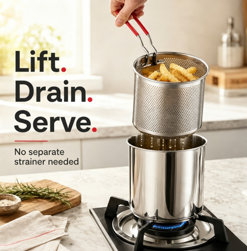 🍟 Personal Mini Deep Fryer Set – Stainless Steel Pot with Lift-Out Draining Basket & Food Tongs