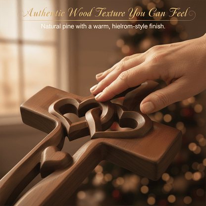Hand-Carved Intertwined Hearts Wooden Cross