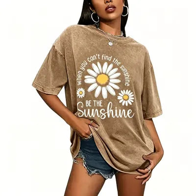 Women's Summer T-Shirt: Sunshine Graphic,solid colors, Double Stitching, Breathable, Loose Fit, Casual Basic Tee for Daily Wear💗