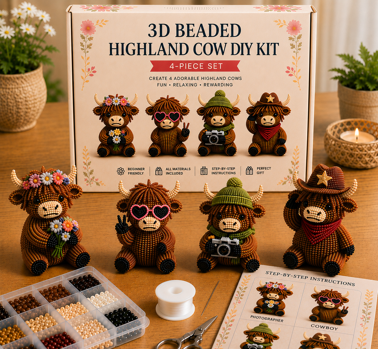 3D Highland Cow DIY Bead Kit – 4 Adorable Handmade Cow Designs Craft Set