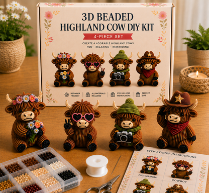 3D Highland Cow DIY Bead Kit – 4 Adorable Handmade Cow Designs Craft Set