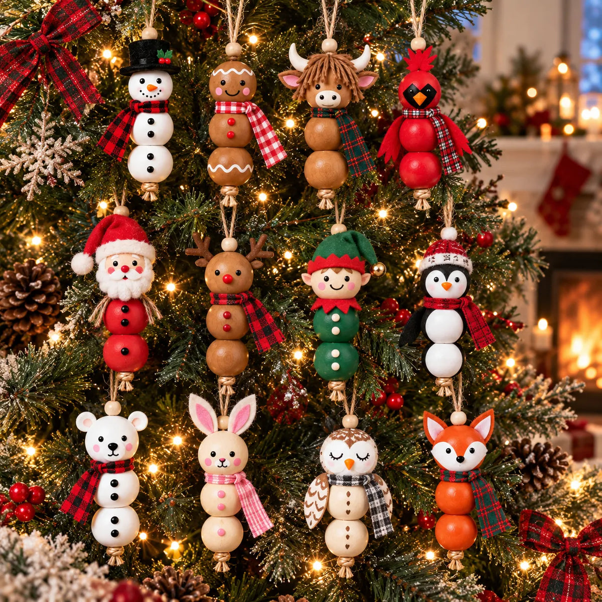 🎄 Christmas Wooden Bead Ornament DIY Kit – Set of 4