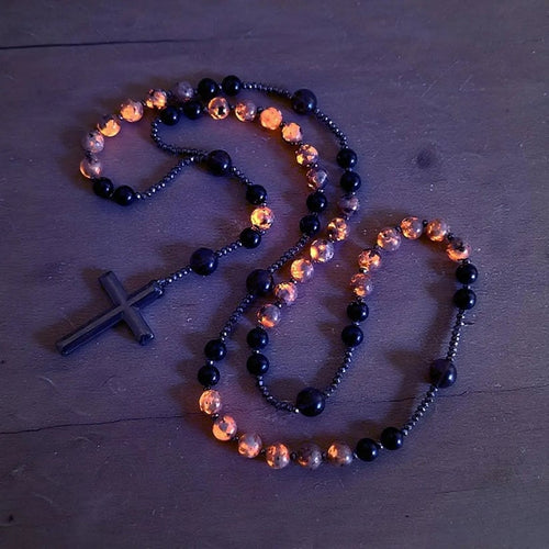 Natural Obsidian Yooperlite Rosary Necklace, UV Reactive Energy Protection Healing Crystal