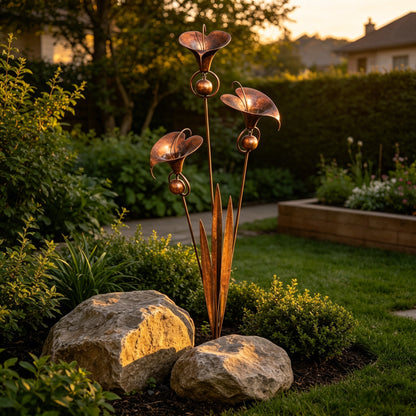 Flamed Copper Three Calla Lilies Garden Stake with Bells, 24" Handcrafted Outdoor Yard Art