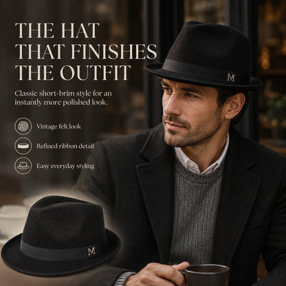 Premium Felt Short-Brim Trilby Hat – Unisex Classic with Metal Accent, 10 Colors