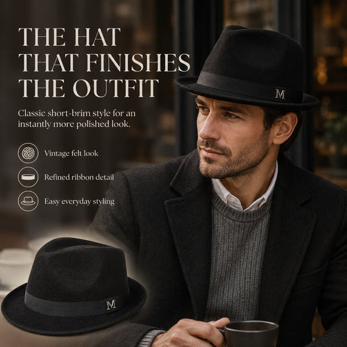 Premium Felt Short-Brim Trilby Hat – Unisex Classic with Metal Accent, 10 Colors
