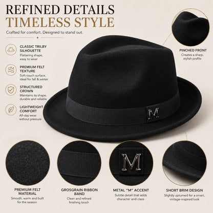 Premium Felt Short-Brim Trilby Hat – Unisex Classic with Metal Accent, 10 Colors