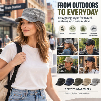 Breathable Open-Mesh Flat-Top Cap – Adjustable Metal Buckle, Unisex Military Style Hat