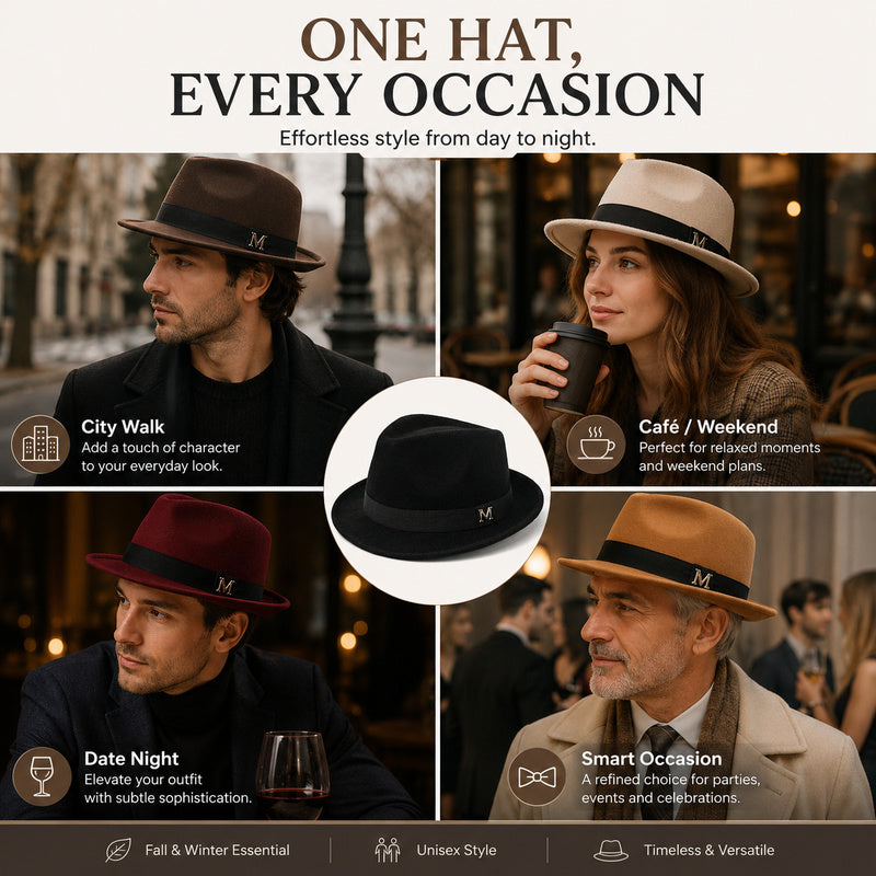 Premium Felt Short-Brim Trilby Hat – Unisex Classic with Metal Accent, 10 Colors