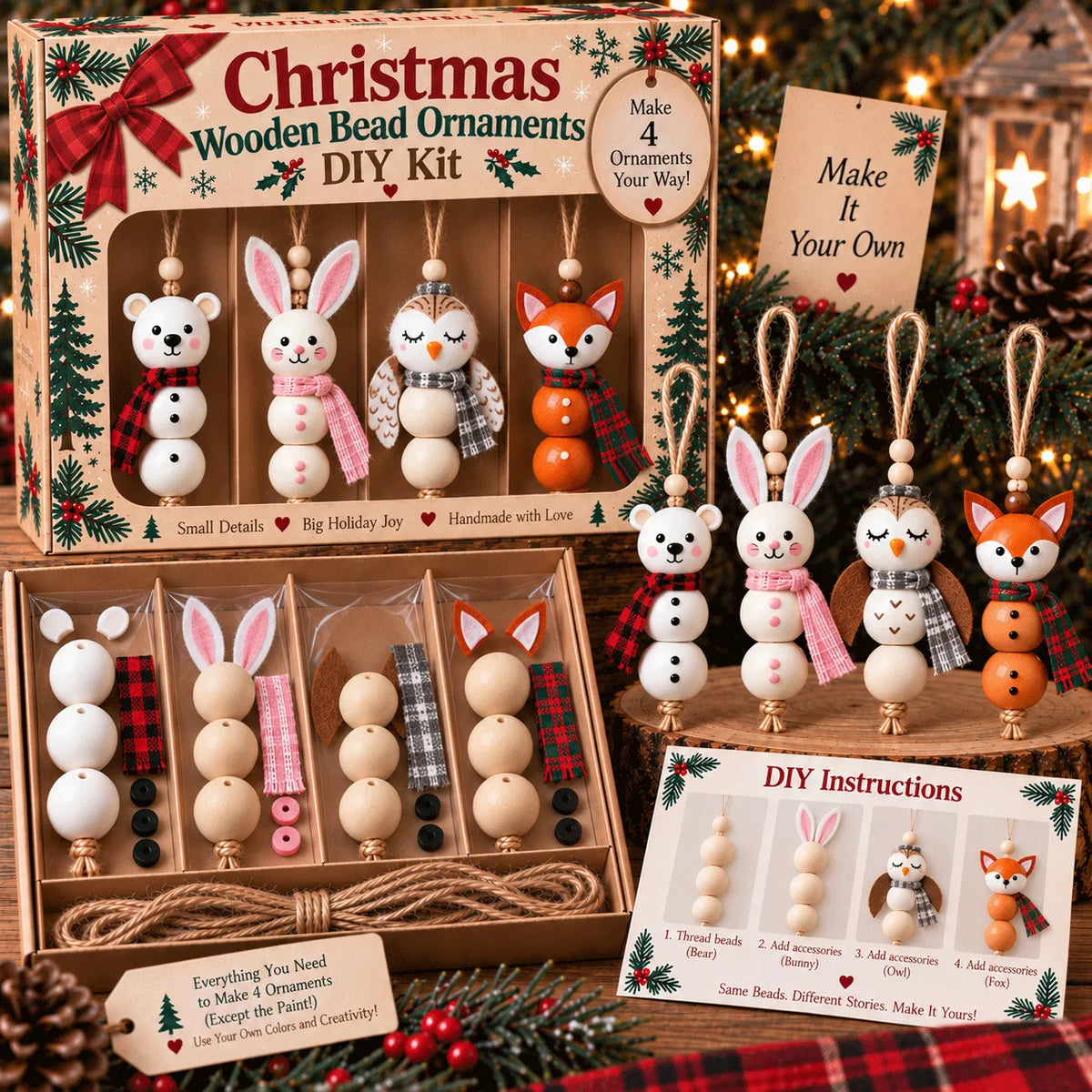 🎄 Christmas Wooden Bead Ornament DIY Kit – Set of 4