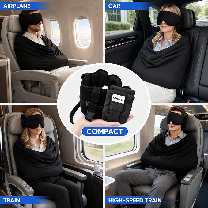 3-in-1 Travel Pillow with Eye Mask – Neck Support for Airplane, Car & Train