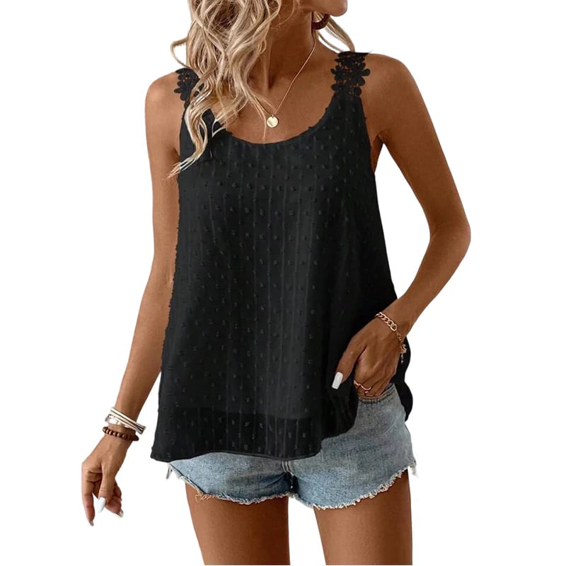 👚⏰ Elegant Dot Lace Strap Tank Top – Soft & breathable – Delicate lace straps, flattering fit – perfect for layering or summer chic 🌸