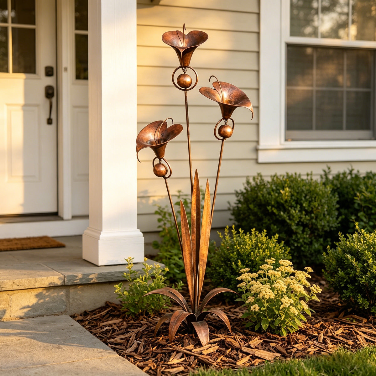 Flamed Copper Three Calla Lilies Garden Stake with Bells, 24" Handcrafted Outdoor Yard Art