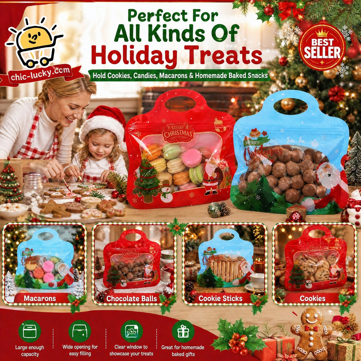 💖🎁Easy Fill, Easy Seal🎄 Festive Self-Seal Treat Bags – Santa & Snowman Print | Resealable, Food-Safe & Perfect for Cookies, Chocolates & Little Gifts 🎅⛄