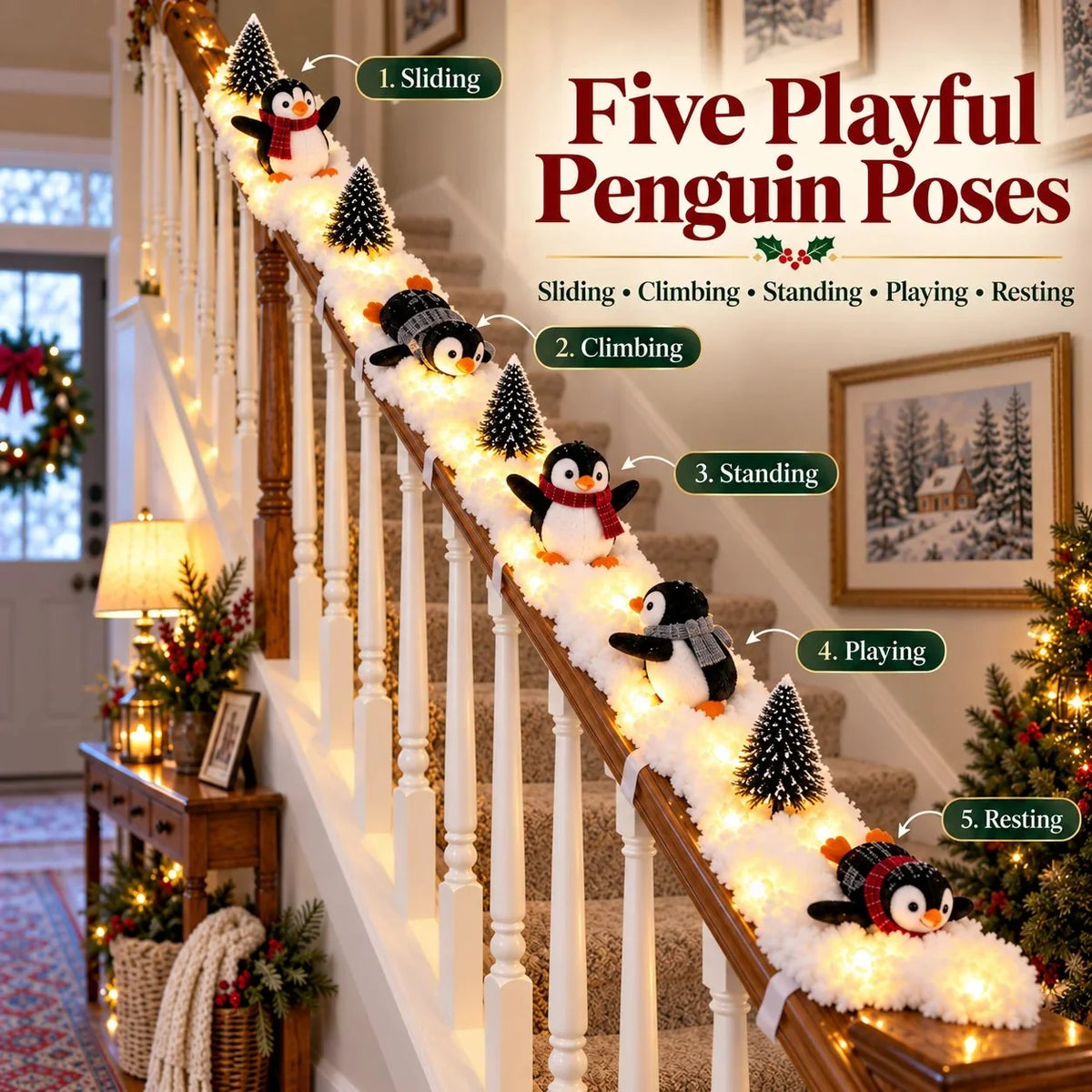 🔥Playful Penguin Snowy Stair Railing Decor