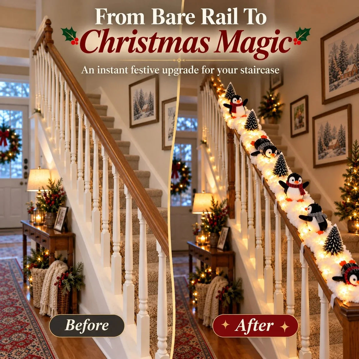 🔥Playful Penguin Snowy Stair Railing Decor
