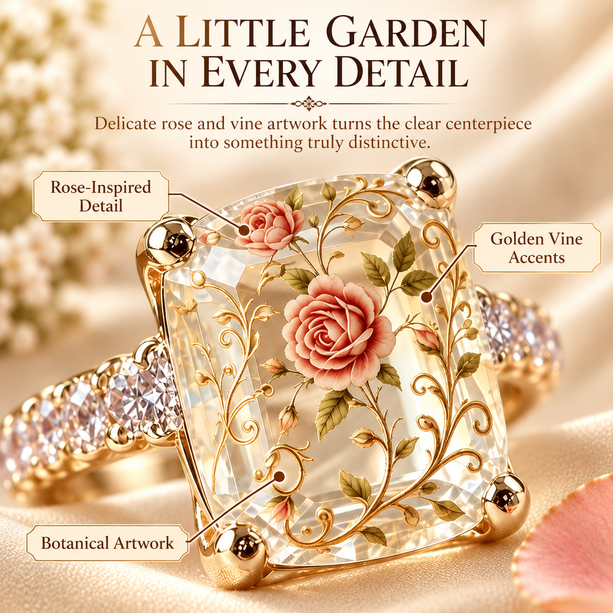 Vintage Rose Floral Statement Ring with Gold-Tone Band