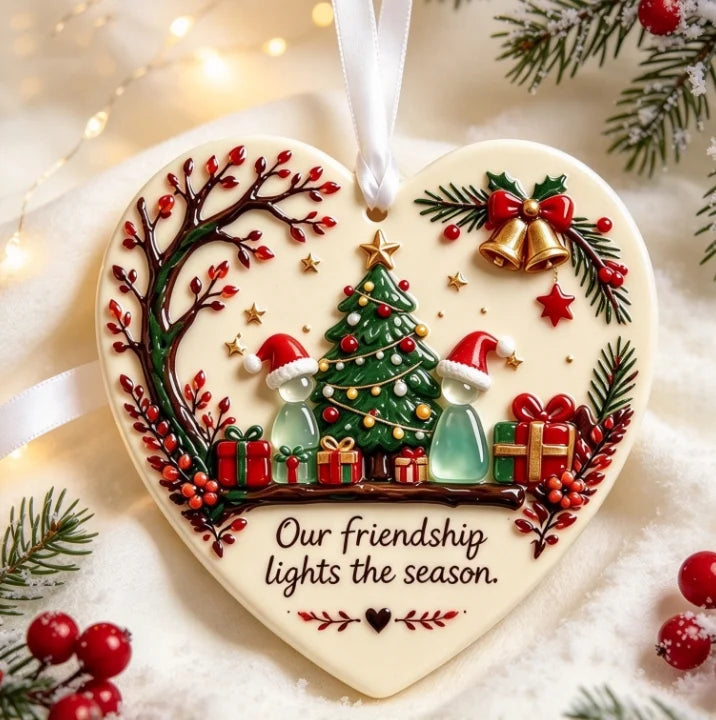 Christmas Friendship Heart Ornament 🎄💕 Glazed Ceramic Keepsake With Sea Glass Figures & Heartfelt Blessing