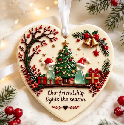 Christmas Friendship Heart Ornament 🎄💕 Glazed Ceramic Keepsake With Sea Glass Figures & Heartfelt Blessing