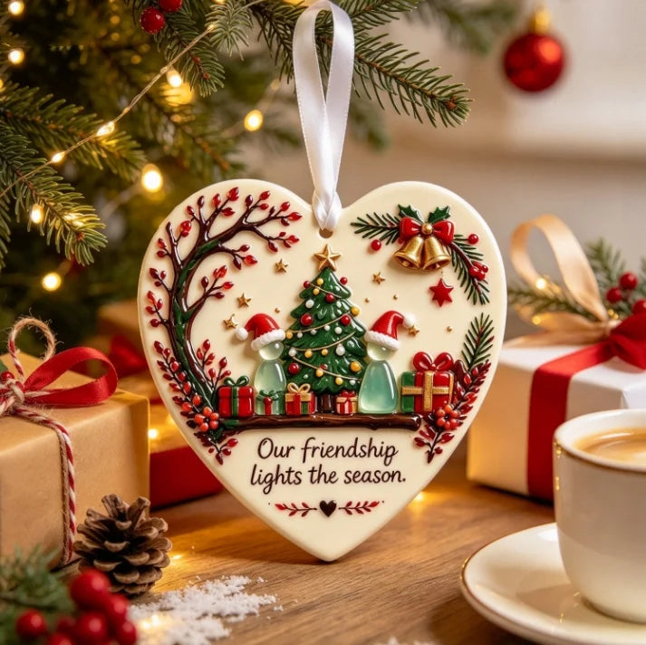 Christmas Friendship Heart Ornament 🎄💕 Glazed Ceramic Keepsake With Sea Glass Figures & Heartfelt Blessing