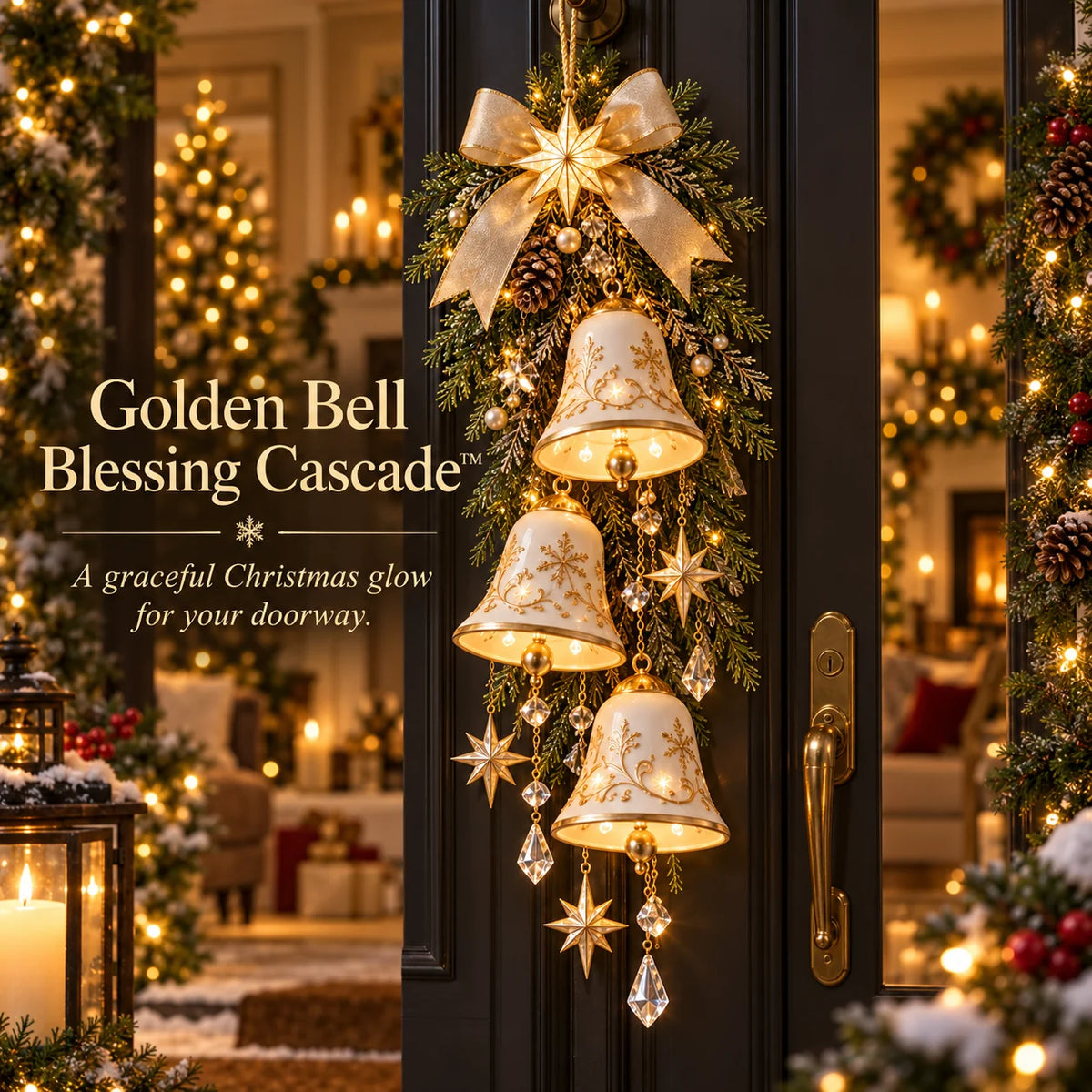 🔔✨last Day 49% Off✨✨ Golden Bell Blessing Cascade™ – Lighted Christmas Door Decor
