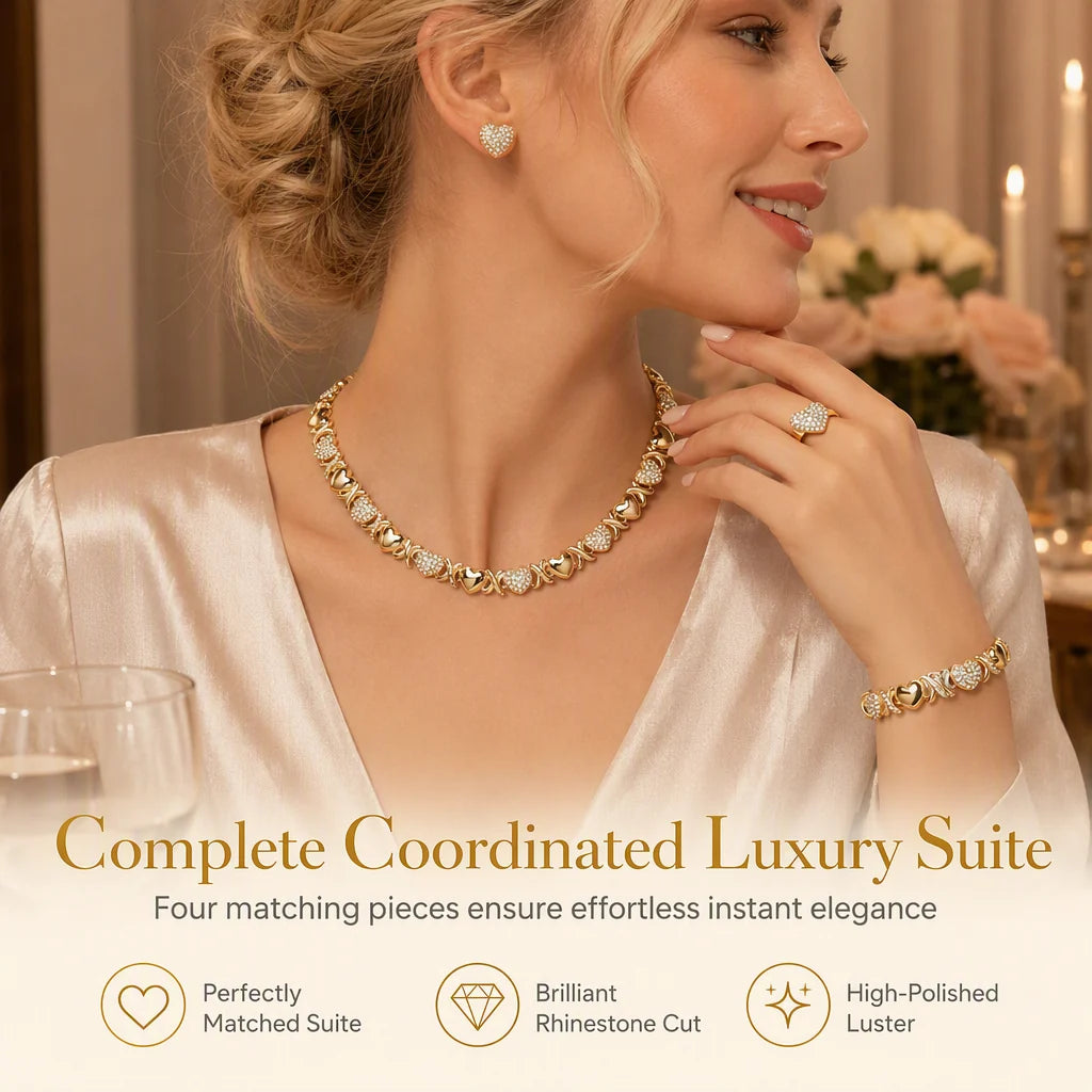 💎 49% Off! ✨ Gold Plated Heart Shaped Rhinestone Jewelry 4-piece Set – Necklace, Earrings, Bracelet & Ring – Brilliant Crystal Shimmer For Red-carpet Elegance 💛